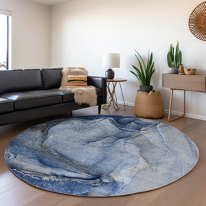 HomeRoots 8' Navy Blue and Ivory Abstract Round Rug - Washable, UV Protected, Durable Design for High-Traffic Areas 647413
