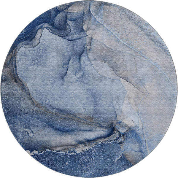 HomeRoots 8' Navy Blue and Ivory Abstract Round Rug - Washable, UV Protected, Durable Design for High-Traffic Areas 647413