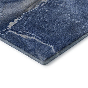 HomeRoots 8' Navy Blue and Ivory Abstract Round Rug - Washable, UV Protected, Durable Design for High-Traffic Areas 647413