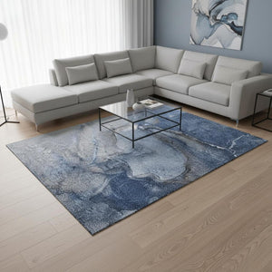 HomeRoots 10' X 14' Navy Blue & Ivory Abstract Area Rug - Durable, Washable, UV-Protected for Busy Homes! 647416