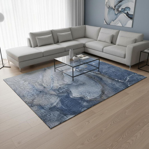HomeRoots 10' X 14' Navy Blue & Ivory Abstract Area Rug - Durable, Washable, UV-Protected for Busy Homes! 647416