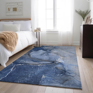 HomeRoots 10' X 14' Navy Blue & Ivory Abstract Area Rug - Durable, Washable, UV-Protected for Busy Homes! 647416