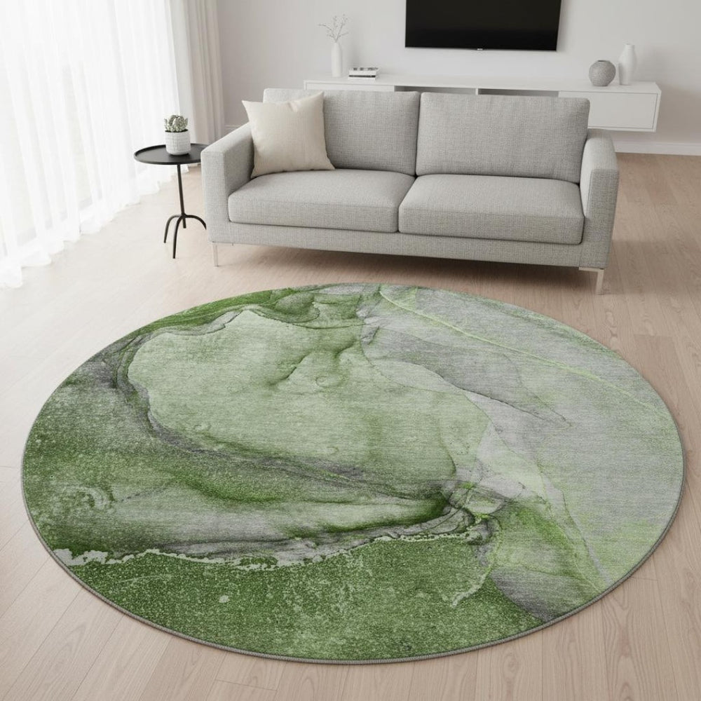 HomeRoots 8' Olive Green and Ivory Abstract Washable Round Rug with UV Protection for Stylish Living Spaces 647419