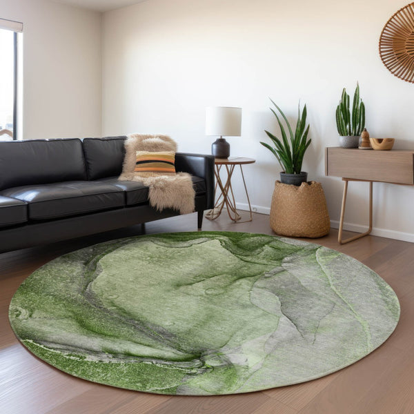 HomeRoots 8' Olive Green and Ivory Abstract Washable Round Rug with UV Protection for Stylish Living Spaces 647419