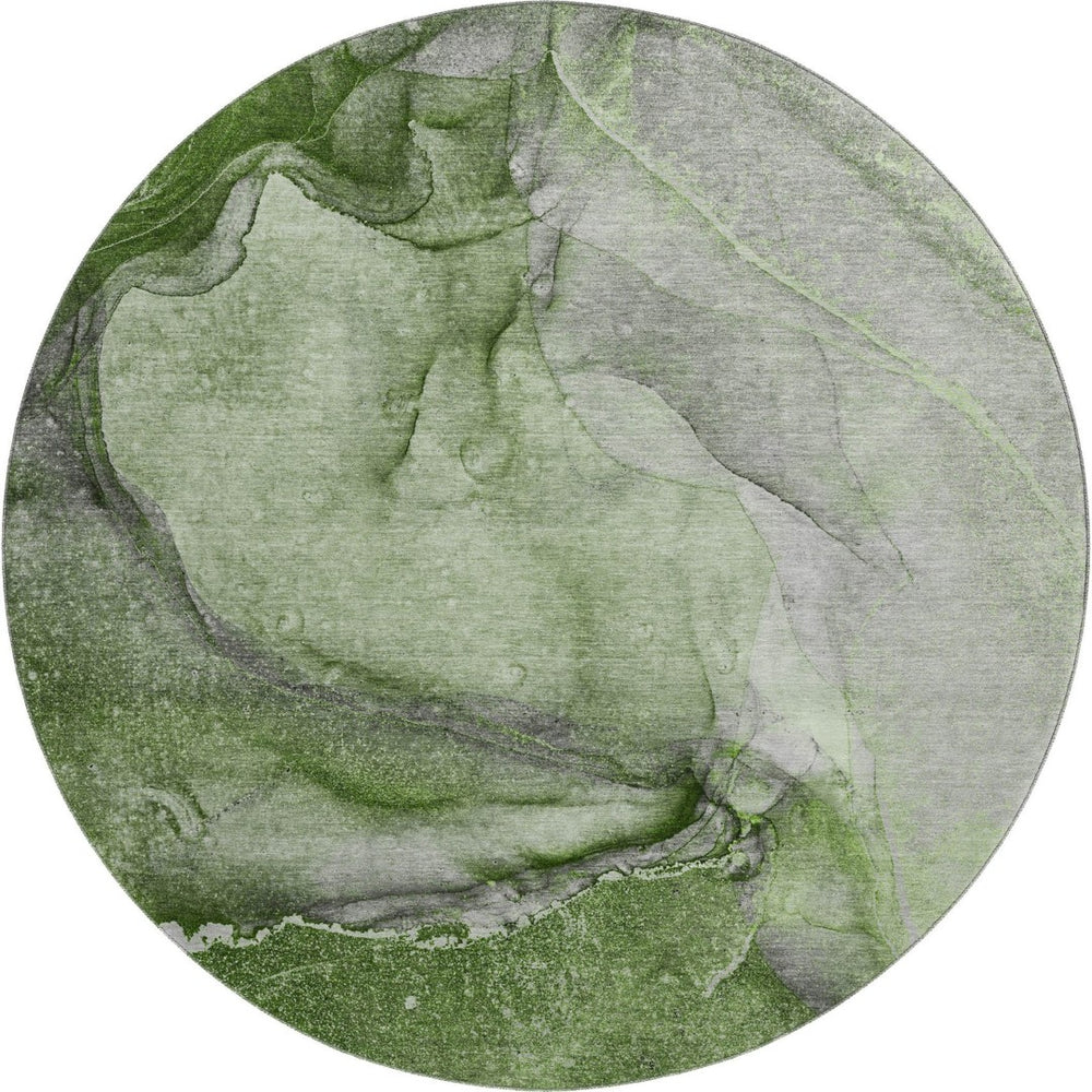 HomeRoots 8' Olive Green and Ivory Abstract Washable Round Rug with UV Protection for Stylish Living Spaces 647419