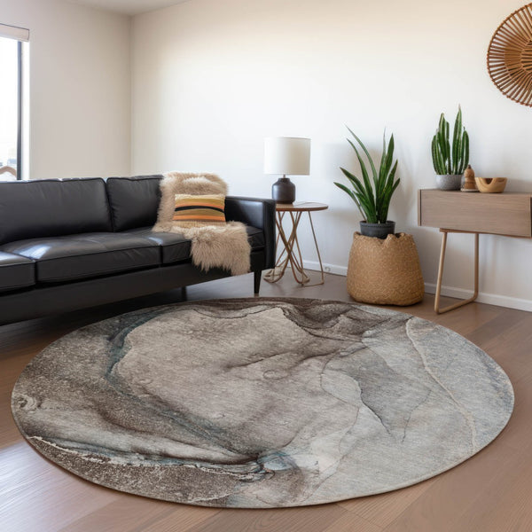 HomeRoots 8' Taupe And Ivory Abstract Round Washable Rug – Stylish, Durable, UV-Protected for Indoor & Outdoor Use 647425