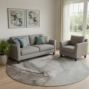 HomeRoots 8' Taupe And Ivory Abstract Round Washable Rug – Stylish, Durable, UV-Protected for Indoor & Outdoor Use 647425