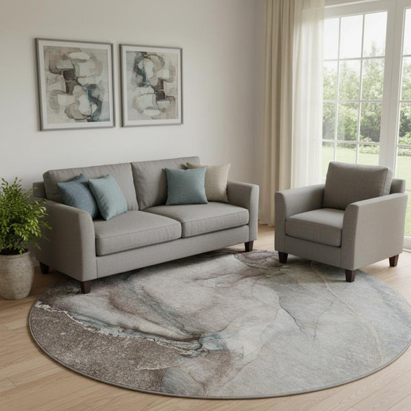HomeRoots 8' Taupe And Ivory Abstract Round Washable Rug – Stylish, Durable, UV-Protected for Indoor & Outdoor Use 647425