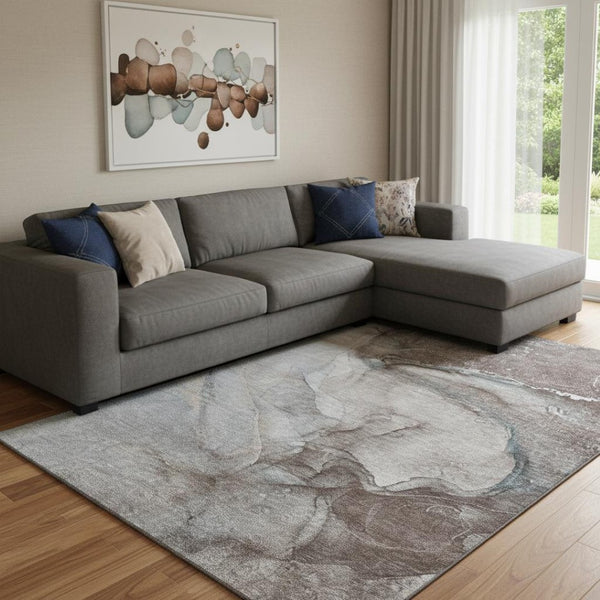 HomeRoots 9' X 12' Taupe & Ivory Abstract Area Rug - Washable, UV Protected, Durable for High-Traffic Homes 647427