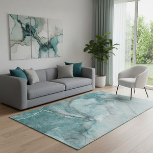 HomeRoots 5' X 8' Stylish Teal Gray Ivory Abstract Area Rug | Washable, UV-Protected, Perfect for Any Home 647430