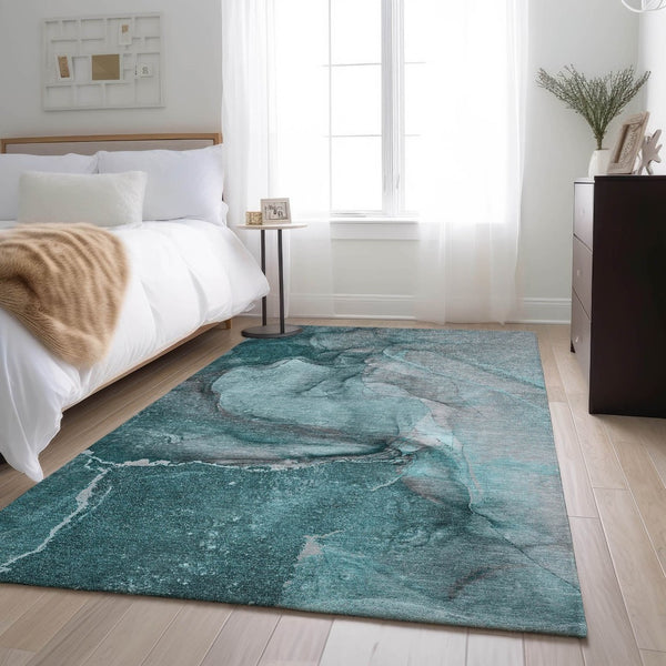 HomeRoots 5' X 8' Stylish Teal Gray Ivory Abstract Area Rug | Washable, UV-Protected, Perfect for Any Home 647430