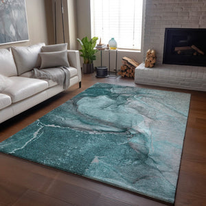 HomeRoots 5' X 8' Stylish Teal Gray Ivory Abstract Area Rug | Washable, UV-Protected, Perfect for Any Home 647430