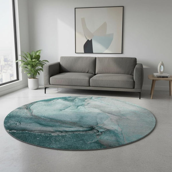HomeRoots 8' Teal Gray and Ivory Abstract Washable Round Rug - Durable, UV-Protected, Stylish for High-Traffic Areas 647431