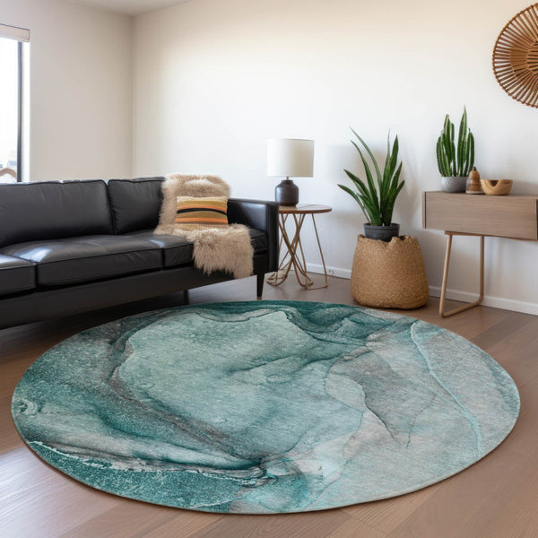 HomeRoots 8' Teal Gray and Ivory Abstract Washable Round Rug - Durable, UV-Protected, Stylish for High-Traffic Areas 647431