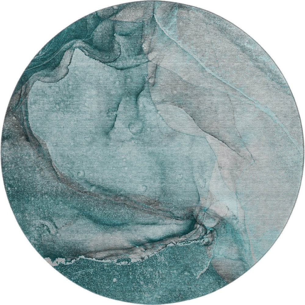 HomeRoots 8' Teal Gray and Ivory Abstract Washable Round Rug - Durable, UV-Protected, Stylish for High-Traffic Areas 647431