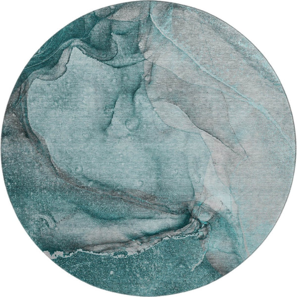 HomeRoots 8' Teal Gray and Ivory Abstract Washable Round Rug - Durable, UV-Protected, Stylish for High-Traffic Areas 647431