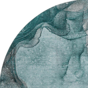HomeRoots 8' Teal Gray and Ivory Abstract Washable Round Rug - Durable, UV-Protected, Stylish for High-Traffic Areas 647431