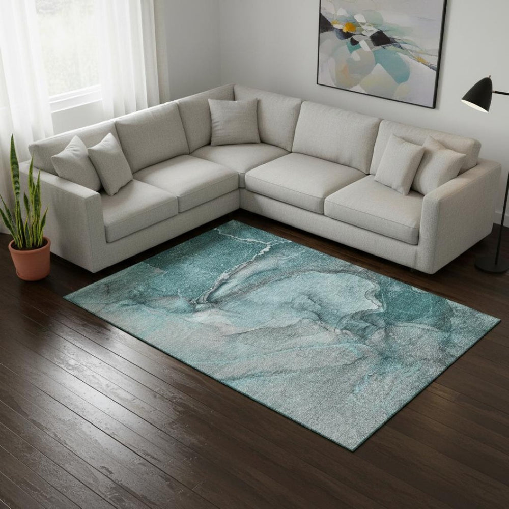 HomeRoots 8' X 10' Teal Gray Ivory Abstract Area Rug - Washable, Stain-Resistant, UV Protected for Durability 647432