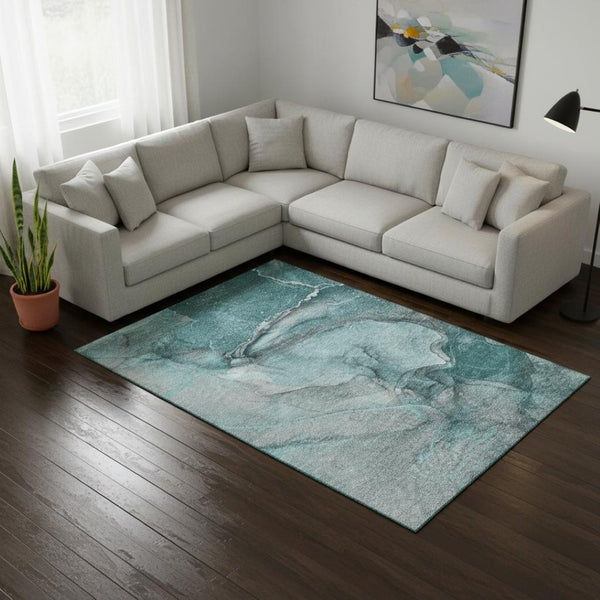 HomeRoots 8' X 10' Teal Gray Ivory Abstract Area Rug - Washable, Stain-Resistant, UV Protected for Durability 647432