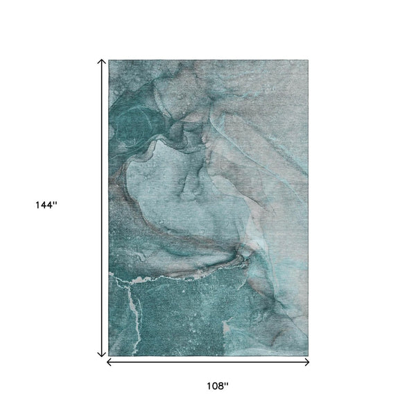 HomeRoots 9' X 12' Teal Gray Ivory Abstract Area Rug - Washable, UV Protected, Perfect for High-Traffic Spaces 647433