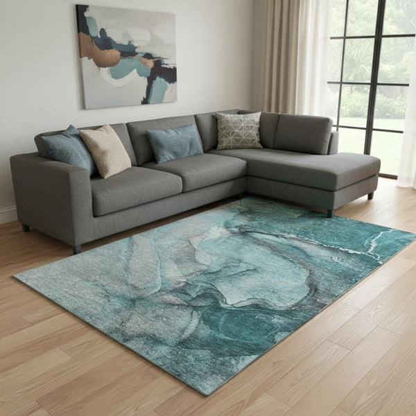 HomeRoots 9' X 12' Teal Gray Ivory Abstract Area Rug - Washable, UV Protected, Perfect for High-Traffic Spaces 647433