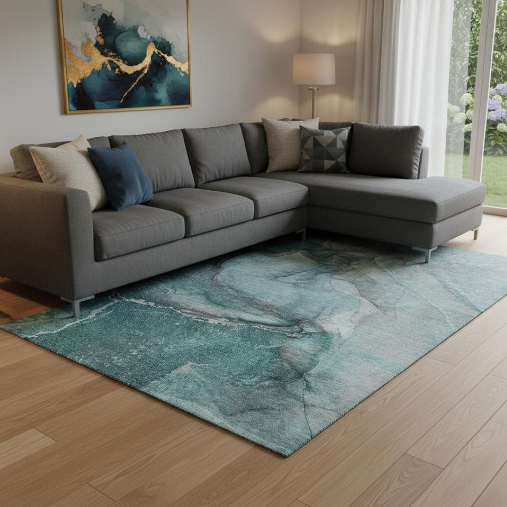 HomeRoots 10' X 14' Teal Gray Ivory Abstract Washable Area Rug - UV Protected, Stain Resistant, Modern Style 647434