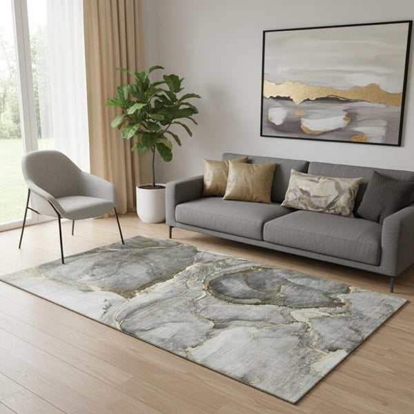 HomeRoots 5' X 8' Gold And Gray Abstract Washable Area Rug - UV Protected, Durable & Stylish for High-Traffic Areas 647436