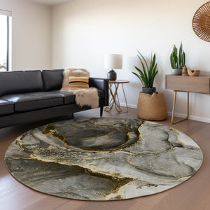 HomeRoots 8' Gold and Gray Abstract Washable Round Rug – Durable, Stylish, and UV-Protected for Modern Spaces 647437