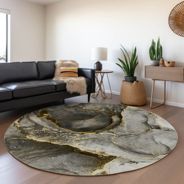 HomeRoots 8' Gold and Gray Abstract Washable Round Rug – Durable, Stylish, and UV-Protected for Modern Spaces 647437
