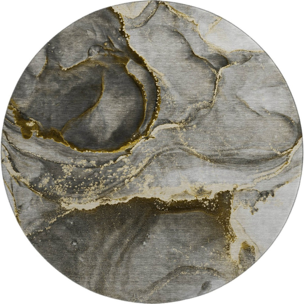HomeRoots 8' Gold and Gray Abstract Washable Round Rug – Durable, Stylish, and UV-Protected for Modern Spaces 647437