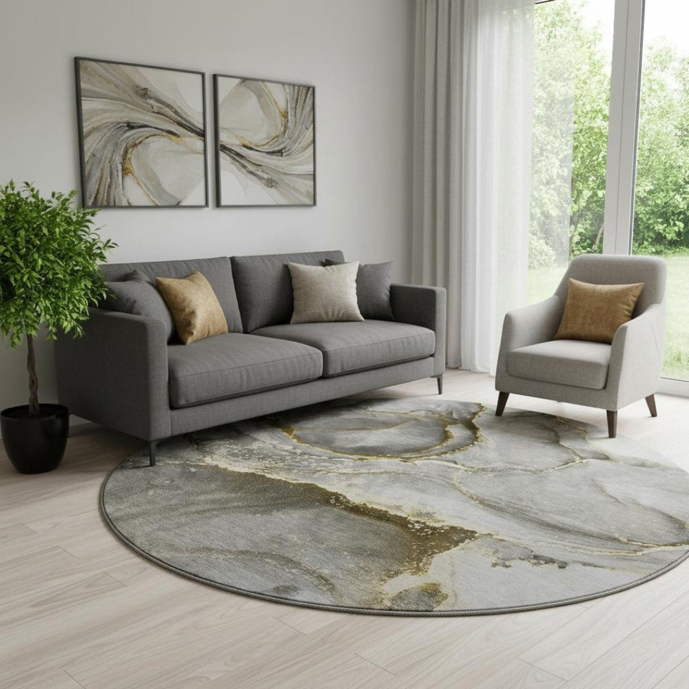 HomeRoots 8' Gold and Gray Abstract Washable Round Rug – Durable, Stylish, and UV-Protected for Modern Spaces 647437
