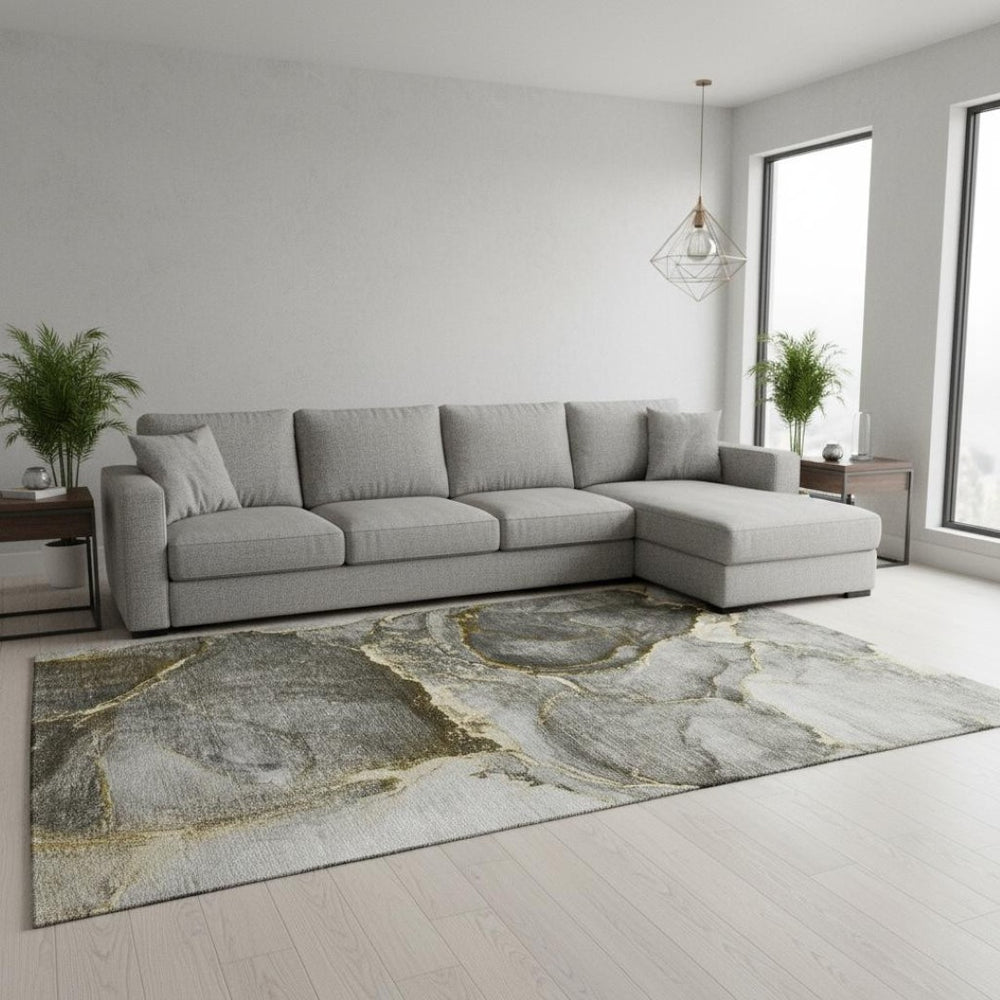 HomeRoots 8' X 10' Gold and Gray Abstract Washable Area Rug – Modern Elegance with UV Protection & Easy Care 647438