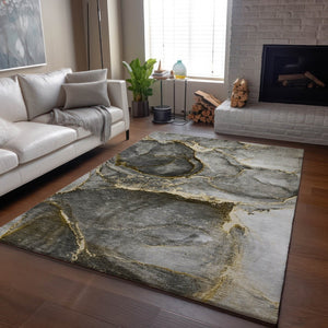 HomeRoots 8' X 10' Gold and Gray Abstract Washable Area Rug – Modern Elegance with UV Protection & Easy Care 647438