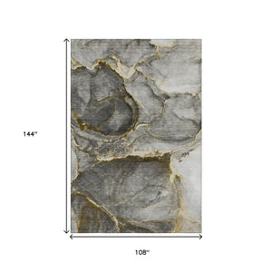 HomeRoots 9' x 12' Gold and Gray Abstract Area Rug - Washable, Stain-Resistant, UV Protected for Modern Homes 647439