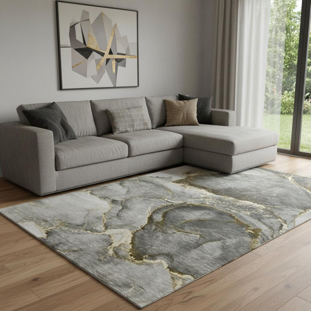 HomeRoots 9' x 12' Gold and Gray Abstract Area Rug - Washable, Stain-Resistant, UV Protected for Modern Homes 647439