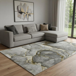 HomeRoots 9' x 12' Gold and Gray Abstract Area Rug - Washable, Stain-Resistant, UV Protected for Modern Homes 647439