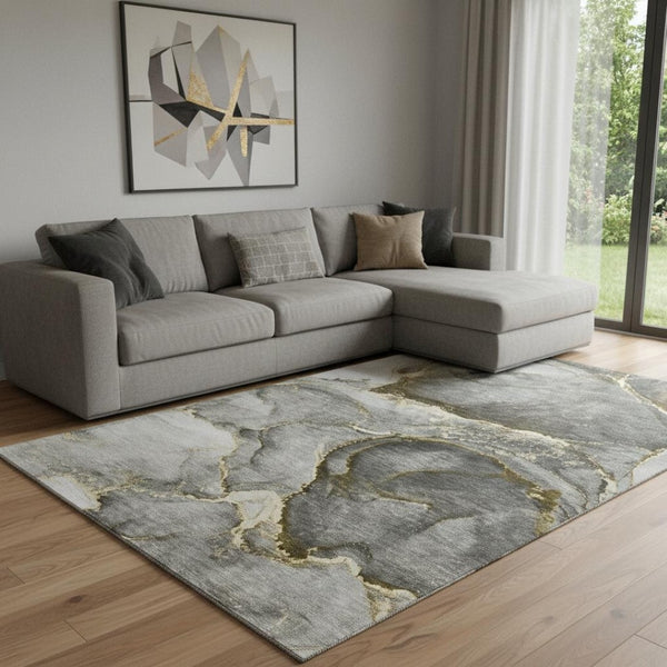 HomeRoots 9' x 12' Gold and Gray Abstract Area Rug - Washable, Stain-Resistant, UV Protected for Modern Homes 647439