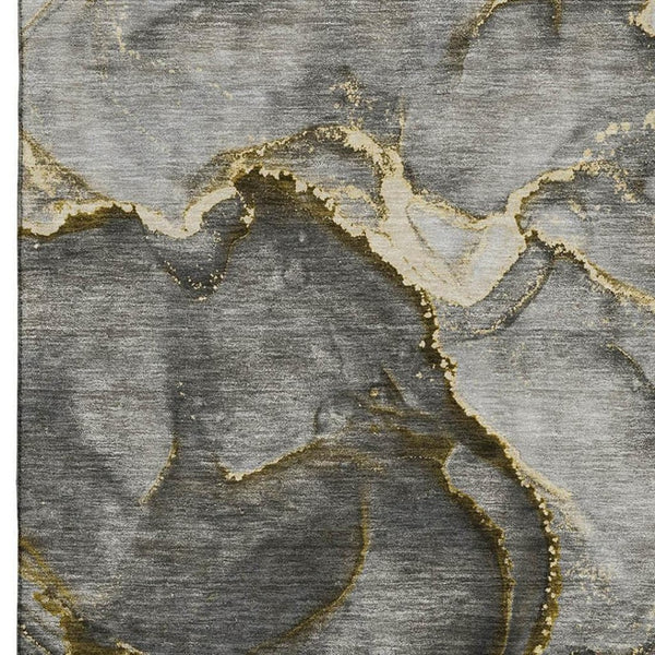 HomeRoots 9' x 12' Gold and Gray Abstract Area Rug - Washable, Stain-Resistant, UV Protected for Modern Homes 647439