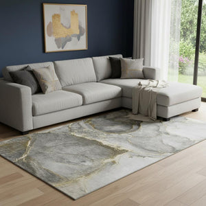 HomeRoots 10' Gold and Gray Abstract Washable Area Rug - Stylish, Durable, UV Protected for Modern Homes! 647440