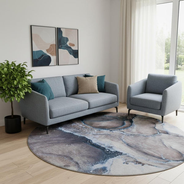 HomeRoots 8' Navy Blue and Gray Abstract Washable Round Rug with UV Protection for Stylish, High-Traffic Areas 647443