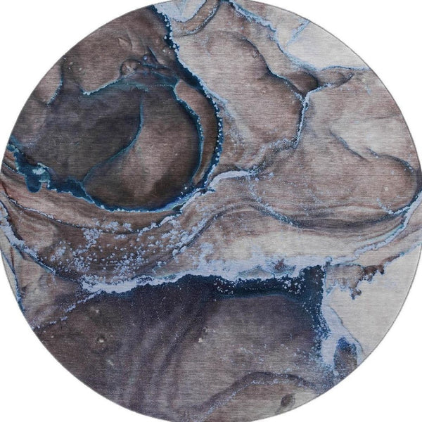 HomeRoots 8' Navy Blue and Gray Abstract Washable Round Rug with UV Protection for Stylish, High-Traffic Areas 647443