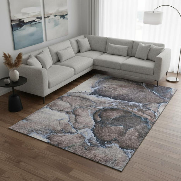 HomeRoots 9' X 12' Abstract Navy Blue and Gray Area Rug - Washable, UV-Protected, Stylish for Modern Homes 647445