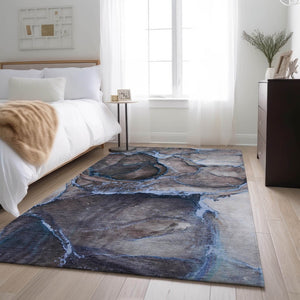 HomeRoots 9' X 12' Abstract Navy Blue and Gray Area Rug - Washable, UV-Protected, Stylish for Modern Homes 647445