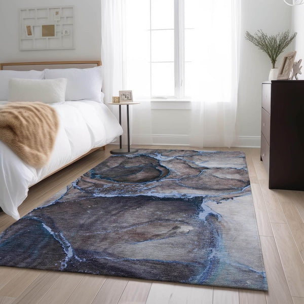 HomeRoots 9' X 12' Abstract Navy Blue and Gray Area Rug - Washable, UV-Protected, Stylish for Modern Homes 647445