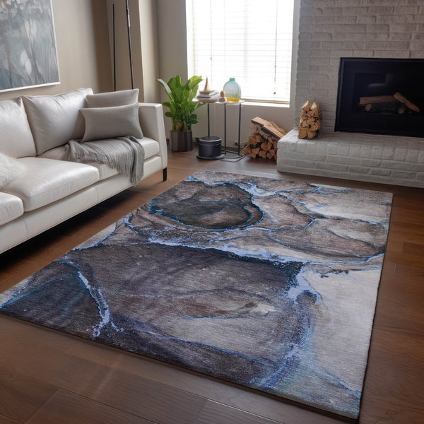 HomeRoots 9' X 12' Abstract Navy Blue and Gray Area Rug - Washable, UV-Protected, Stylish for Modern Homes 647445