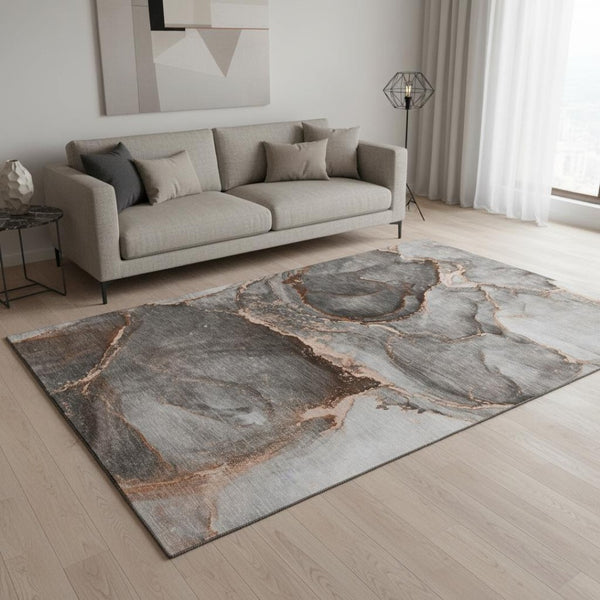HomeRoots 5' X 8' Stylish Peach and Gray Abstract Washable Area Rug with UV Protection for Modern Spaces 647448