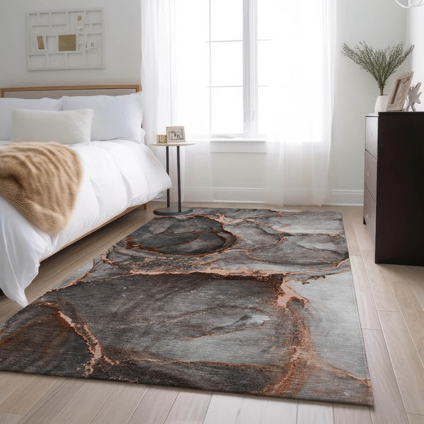 HomeRoots 5' X 8' Stylish Peach and Gray Abstract Washable Area Rug with UV Protection for Modern Spaces 647448