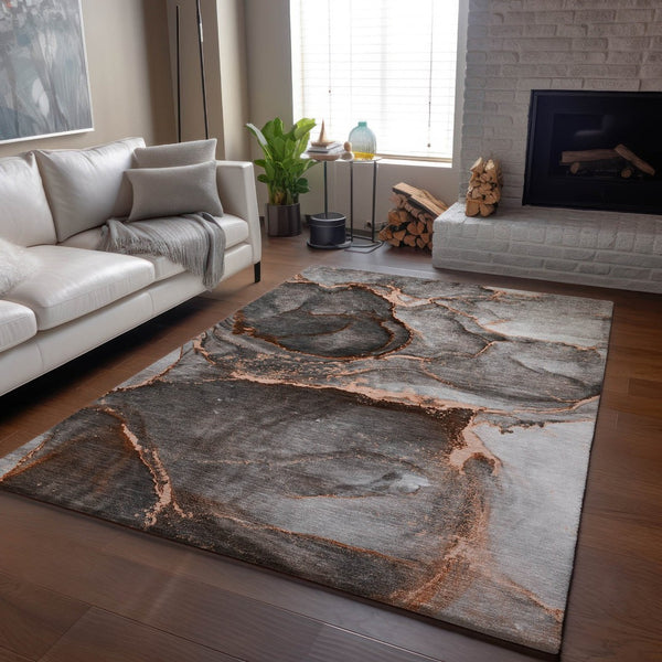 HomeRoots 5' X 8' Stylish Peach and Gray Abstract Washable Area Rug with UV Protection for Modern Spaces 647448