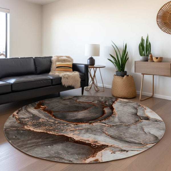 HomeRoots 8' Peach and Gray Abstract Washable Round Rug with UV Protection for Modern Homes and Easy Care 647449