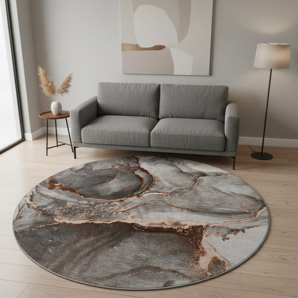HomeRoots 8' Peach and Gray Abstract Washable Round Rug with UV Protection for Modern Homes and Easy Care 647449